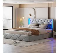 Lit Coffre 160x200 avec LED, Lit Rembourré en velours Lit Double Lit de rangement Cadre de Lit Capitonné Lit Adulte, Gris