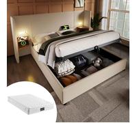 Lit Coffre 160x200 avec Matelas et Chevet - Lit Rembourré - Lin Beige, Lampe Tactile, Ports USB/Type-C, Sommier Inclus