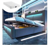 Lit Coffre 160x200 avec matelas inclus, Lit capitonné en velours gris, design incurvé, LED, USB-C et sommier relevable