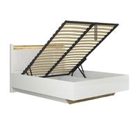 Lit coffre 160x200 avec sommier et rangement + LED, coloris Blanc brillant/Chêne clair - Longueur 208,5 x Profondeur 165,5 x Hauteur 42,5-104 cm