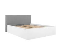 Lit coffre 160x200 avec tête de lit capitonnée ,coloris Blanc brillant/Textile beige - Longueur 209,5 x Profondeur 176 x Hauteur 95/40,5 cm
