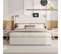 Lit coffre 160x200 avec USB et Type C, lit rembourré avec sommier à lattes, lit double, beige