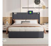 Lit coffre 160x200 avec USB et Type C, lit rembourré avec sommier à lattes, lit double, gris