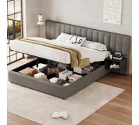 Lit coffre 160x200 cm avec deux tables de chevet, en lin, gris