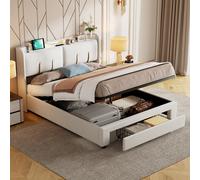 Lit coffre 160x200 cm avec LED, 1 tiroir, USB/Type-C, sommier à lattes, velours blanc