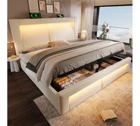 Lit coffre 160x200 cm, avec LED et ports USB et Type-C, en velours, beige, sans matelas