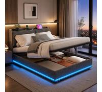 Lit Coffre 160x200 cm avec LED USB,Double Rembourré avec Sommier à Lattes,Lit Hydraulique 160x200 avec Étagères Ouvertes et Rangement Caché,lit Capitonné Cadre de lit 2 places en velours,sans Matelas