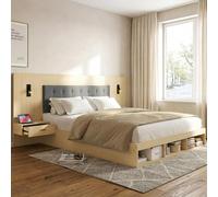 Lit coffre 160x200 cm avec ports USB et Type-C, lit double avec 2 tables de chevet et lampes de lecture, lit en bois avec espaces de rangement ouverts, lit pour adolescents, structure stable en MDF, c