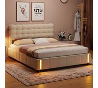 Lit coffre 160x200 cm avec rangement, capitonné velours beige, sommier LED, lattes