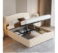 Lit coffre 160x200 cm - DANS LES NUAGES - Chesterfield - Tissu velours beige - Rangement intégré - 2 places