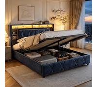 Lit Coffre 160x200 cm en Velours Gris avec LED et USB, Lit Double avec Sommier à Lattes et Cadre Métal, Tête de Lit avec Rangement Caché, Étagères et Prise EU + USB-C, Grand Espace de Rangement