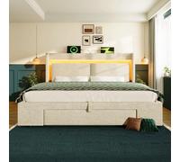 Lit coffre 160x200 cm, tête de lit avec LED, en lin, beige, sans matelas