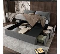 Lit coffre 160x200 - LANGTU - Cadre capitonné - Sommier inclus - Coffre & 3 tiroirs - Velours gris
