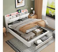 Lit coffre 160x200, lit double capitonné, tête de lit avec rangement caché, tiroirs au bout du lit, bande lumineuse de chevet, port de chargement USB, velours, blanc