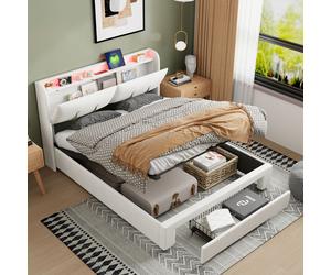 Lit coffre 160x200, lit double capitonné, tête de lit avec rangement caché, tiroirs au bout du lit, bande lumineuse de chevet, port de chargement USB, velours, blanc