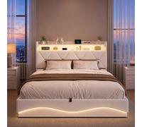 Lit Coffre 160x200cm à LED,Lit Double Rembourré avec Étagères Ouvertes et Rangement Caché en Tête de Lit Capitonné,Lits 160x200 avec Sommier lit 2 Personnes avec Lattes en Bois(Beige-7, 160x200)