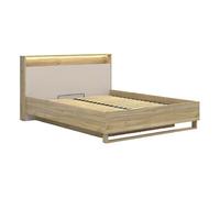 Lit coffre 160x200cm - - + LED avec sommier et rangement ,coloris Chêne mauvella/Beige - Longueur 218 x Profondeur 168 x Hauteur 100 cm - PEGANE -