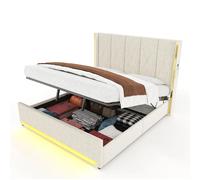 Lit coffre 180/200 cm beige en velours avec LED USB et tête de lit haute