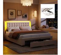Lit coffre 180 x 200 cm avec LED - Lit adulte avec 2 tiroirs et rangement - 2 Personnes - Lit hydraulique - Lit king - Velours