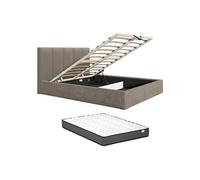 Lit coffre 180 x 200 cm avec tête de lit coutures verticales - Tissu - Taupe - Avec matelas Confort - KILACLO
