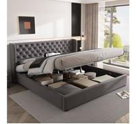 Lit coffre 180 x 200 cm EVRYAE en velours gris, sommier à lattes inclus, tête de lit capitonnée Chesterfield
