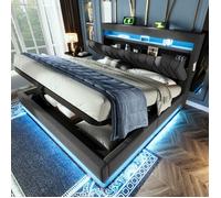 Lit Coffre 180 x 200 cm King Size - Merax - Lit Double en Lin Gris avec LED, USB et Tête de Lit de Rangement