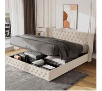 Lit coffre 180 x 200 cm, lit double rembourré en velours, décor avec rivets et boutons, sommier à lattes, style chesterfield, beige