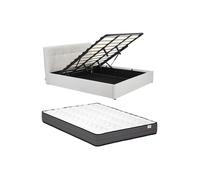 Lit coffre 180 x 200 cm - Tissu bouclette - Blanc + Matelas - MAZIRI