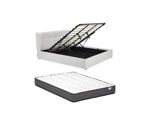 Lit coffre 180 x 200 cm - Tissu bouclette - Blanc + Matelas - MAZIRI