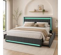 Lit Coffre 180x200 avec Led,LIT Capitonné avec 4 Tiroirs LIt Rembourré avec Ports de Chargement USB et Type-C Sur La Table de Chevet lits Double Rembourré Lits 2 Personnes (Gris foncé+lin, 180x200)