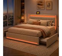 Lit Coffre 180x200 avec Led,LIT Capitonné avec 4 Tiroirs LIt Rembourré avec Ports de Chargement USB et Type-C Sur La Table de Chevet lits Double Rembourré Lits 2 Personnes (Beige+lin-A, 180x200)