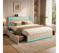 Lit Coffre 180x200 avec Led,LIT Capitonné avec 4 Tiroirs LIt Rembourré avec Ports de Chargement USB et Type-C Sur La Table de Chevet lits Double Rembourré Lits 2 Personnes lits Pour Adulte Coffre