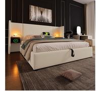 Lit coffre 180x200 avec tête de lit et chevets lampe de lecture USB Type-C - ELVMI - en lin beige 180 x 200 cm