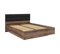 Lit coffre 180x200 avec tête de lit rembourrée noir, sommier et rangement ,coloris Chêne marron foncé - Longueur 206 x Profondeur 185 x Hauteur 42-98,5 cm