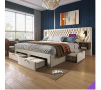 Lit coffre 180x200 beige tête de lit rembourrée avec liseuses ports USB et chevets intégrés