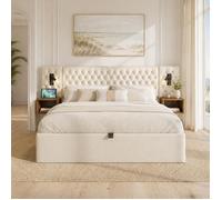 Lit coffre 180x200 cm avec 2 chevets, lampes de lecture USB et Type-C, tête de lit, velours, beige