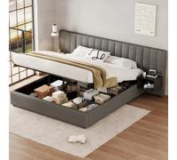 Lit coffre 180x200 cm avec deux tables de chevet, en lin, gris