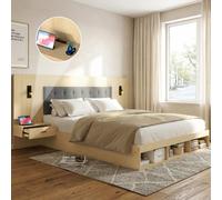 Lit coffre 180x200 cm avec ports USB et liseuses, en bois, chêne clair, sans matelas