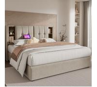 Lit coffre 180x200 cm avec tête de lit, charge sans fil USB et USB-C ,Lit double rembourré avec sommier à lattes,Lin, naturel