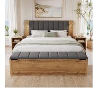 Lit coffre 180x200 cm avec tête de lit relevable 2 chevets banc de rangement lampes USB lin - chêne