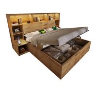 Lit coffre 180x200 cm décor chêne avec LED, USB-C et chevets