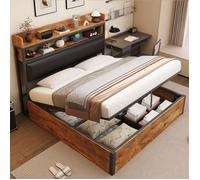 Lit coffre 180x200 cm en bois et métal noir, tête capitonnée rembourrée avec ports USB - style rétro industriel