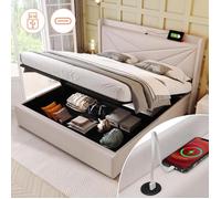 Lit coffre 180x200 cm Lit double rembourré Lit de rangement Tête de lit avec charge USB Lit de jeune Beige