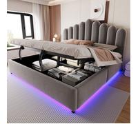 Lit Coffre 180x200 Cm Velours Gris Lit Tapissier Moderne FloraGrace Pour Chambre Rangement Hydraulique 209x185.5x111cm