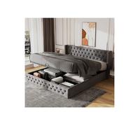Lit Coffre 180x200cm Velours Gris avec Sommier - Lit Rembourré - Rangement Hydraulique, Style Chesterfield, Clous Déco