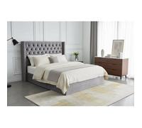 Lit COFFRE 2 places 160X200 cm CLOUTE velours GRIS