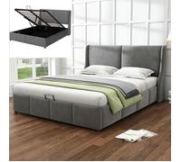 Lit coffre 2 places - LANGTU - Style européen - Tissu flanelle gris - Sommier à lattes 140x190 - Grand coffre hydraulique