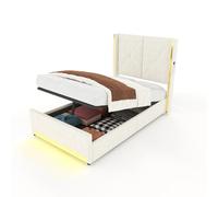 Lit coffre 90/200 cm beige en velours avec LED USB et tête de lit haute