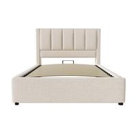 Lit Coffre 90 x 200 cm avec Sommier à Lattes | Lin beige, porte-gobelet escamotable, recharge USB et USB-C, rangement sous le sommier, matelas non inclus