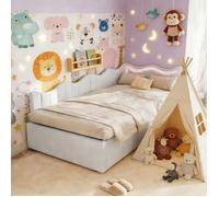 Lit Coffre 90 x 200 cm canapé lit avec lumières LED avec espace de rangement Lit pour jeunes Velours Teddy Blanc